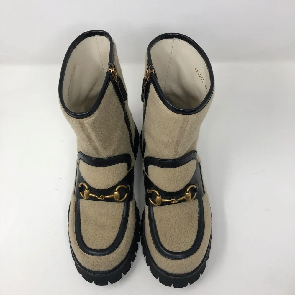 Gucci Ankle Shearling Combat‎ Boot Horsebit Womens 37.5 US 7.5 Beige Designer